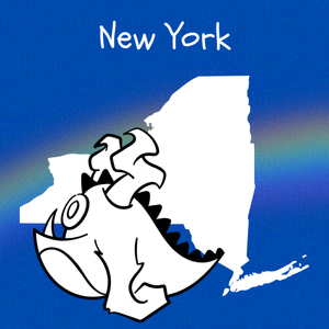 Cobalt blue background with rainbow overlay through the center third. On top of the overlay a black and white doodle of and anthropomorphic monster and an outline map of New York. Caption: 