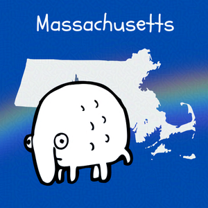 Cobalt blue background with rainbow overlay through the center third. On top of the overlay a black and white doodle of and anthropomorphic monster and an outline map of Massachusetts. Caption: "Massachusetts".