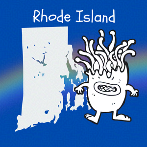 Cobalt blue background with rainbow overlay through the center third. On top of the overlay a black and white doodle of and anthropomorphic monster and an outline map of Rhode Island. Caption: 