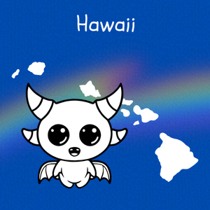 Cobalt blue background with rainbow overlay through the center third. On top of the overlay a black and white doodle of and anthropomorphic monster and an outline map of Hawaii. Caption: 