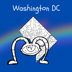 Cobalt blue background with rainbow overlay through the center third. On top of the overlay a black and white doodle of and anthropomorphic monster and an outline map of Washington DC. Caption: 