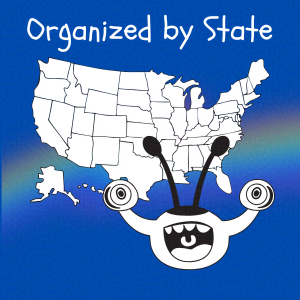 Cobalt blue background with rainbow overlay through the center third. On top of the overlay a black and white doodle of and anthropomorphic monster and an outline map of the United States. Caption: 