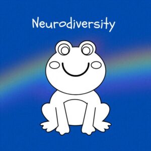 Cobalt blue background with rainbow overlay through the center third. On top of the overlay a black and white doodle of an anthropomorphic frog facing the camera sitting on the ground. The caption reads 