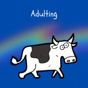 Cobalt blue background with rainbow overlay through the center third. On top of the overlay a black and white doodle of an anthropomorphic cow facing right. The caption reads 