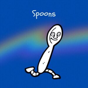 Cobalt blue background with rainbow overlay through the center third. On top of the overlay a black and white doodle of an anthropomorphic spoon running to the right. The caption reads 