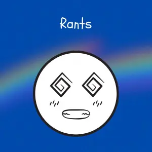 Cobalt blue background with rainbow overlay through the center third. On top of the overlay a black and white doodle of an anthropomorphic emoji of someone uncontrollably angry. The caption reads 