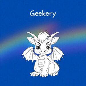 Cobalt blue background with rainbow overlay through the center third. On top of the overlay a black and white doodle of an anthropomorphic baby dragon grinning impishly at the camera. The caption says 