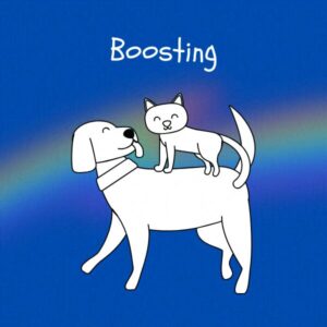 Cobalt blue background with rainbow overlay through the center third. On top of the overlay a black and white doodle of an anthropomorphic dog with a cat on its back. Caption 