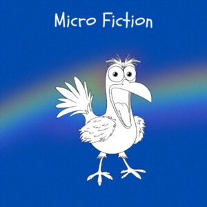 Cobalt blue background with rainbow overlay through the center third. On top of the overlay a black and white doodle of an anthropomorphic bird talking at the camera. The caption reads 