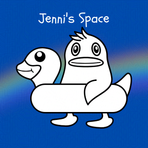 Cobalt blue background with rainbow overlay through the center third. On top of the overlay a black and white doodle of an anthropomorphic monster in a ducky floatie. Caption: 