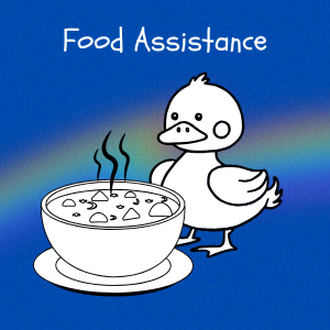 Cobalt blue background with rainbow overlay through the center third. On top of the overlay a black and white doodle of an anthropomorphic duck looking at a hot bowl of soup. Caption: 