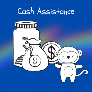 Cobalt blue background with rainbow overlay through the center third. On top of the overlay a black and white doodle of an anthropomorphic monkey in front of a change jar, a bag of money, and a coin. Caption: 