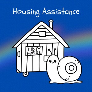 Cobalt blue background with rainbow overlay through the center third. On top of the overlay a black and white doodle of an anthropomorphic snail in front of a little house with the label 