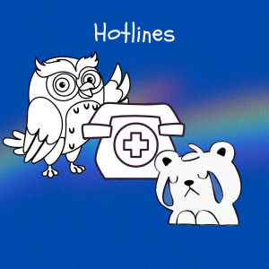 Cobalt blue background with rainbow overlay through the center third. On top of the overlay a black and white doodle of and anthropomorphic owl and sad bear with a cartoon phone between them. Caption: 