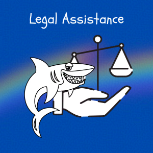 Cobalt blue background with rainbow overlay through the center third. On top of the overlay a black and white doodle of an anthropomorphic grinning shark in front of a hand holding an old fashioned scale. Caption: 