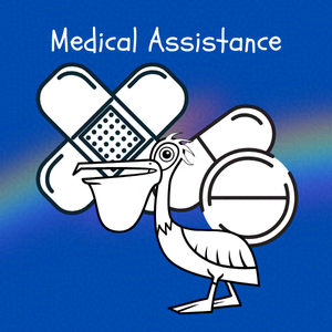 Cobalt blue background with rainbow overlay through the center third. On top of the overlay a black and white doodle of an anthropomorphic stork with a pair of crossed bandages, a pill and a capsule. Caption: 