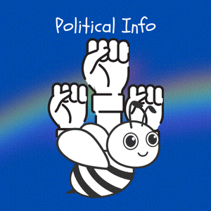 Cobalt blue background with rainbow overlay through the center third. On top of the overlay a black and white doodle of an anthropomorphic bee in front of three raised fists. Caption: 