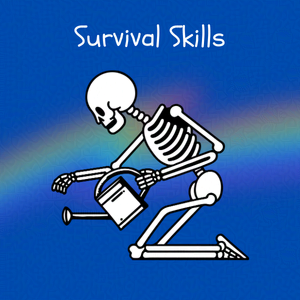 Cobalt blue background with rainbow overlay through the center third. On top of the overlay a black and white doodle of an anthropomorphic skeleton watering flowers with a watering can. Caption: 