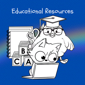 Cobalt blue background with rainbow overlay through the center third. On top of the overlay a black and white doodle of an anthropomorphic cat using a computer and owl with a mortar board on its head with school supplies. Caption 