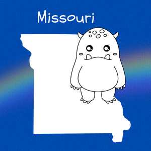 Cobalt blue background with rainbow overlay through the center third. On top of the overlay a black and white doodle of and anthropomorphic monster and an outline map of Missouri. Caption: 