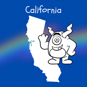 Cobalt blue background with rainbow overlay through the center third. On top of the overlay a black and white doodle of and anthropomorphic monster and an outline map of California. Caption: 