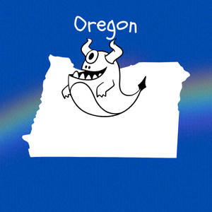 Cobalt blue background with rainbow overlay through the center third. On top of the overlay a black and white doodle of and anthropomorphic monster and an outline map of Oregon. Caption: 