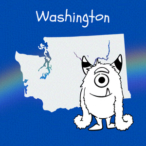 Cobalt blue background with rainbow overlay through the center third. On top of the overlay a black and white doodle of and anthropomorphic monster and an outline map of Washington. Caption: 