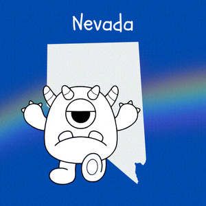 Cobalt blue background with rainbow overlay through the center third. On top of the overlay a black and white doodle of and anthropomorphic monster and an outline map of Nevada. Caption: 