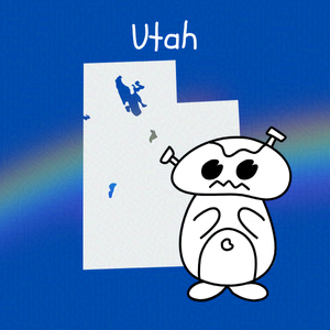 Cobalt blue background with rainbow overlay through the center third. On top of the overlay a black and white doodle of and anthropomorphic monster and an outline map of Utah. Caption: 