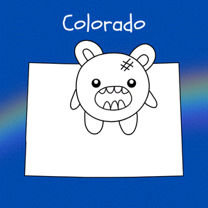 Cobalt blue background with rainbow overlay through the center third. On top of the overlay a black and white doodle of and anthropomorphic monster and an outline map of Colorado. Caption: 