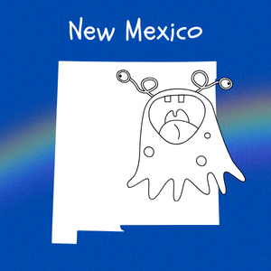 Cobalt blue background with rainbow overlay through the center third. On top of the overlay a black and white doodle of and anthropomorphic monster and an outline map of New Mexico. Caption: 