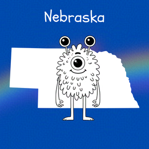 Cobalt blue background with rainbow overlay through the center third. On top of the overlay a black and white doodle of and anthropomorphic monster and an outline map of Nebraska. Caption: 