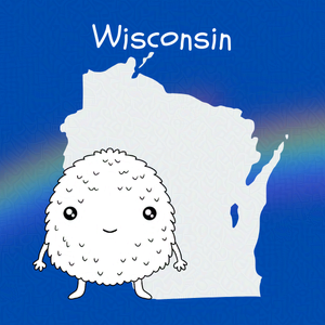 Cobalt blue background with rainbow overlay through the center third. On top of the overlay a black and white doodle of and anthropomorphic monster and an outline map of Wisconsin. Caption: 