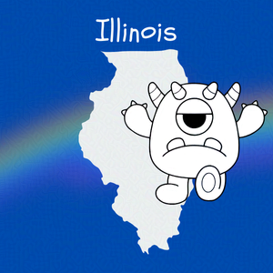 Cobalt blue background with rainbow overlay through the center third. On top of the overlay a black and white doodle of and anthropomorphic monster and an outline map of Illinois. Caption: 