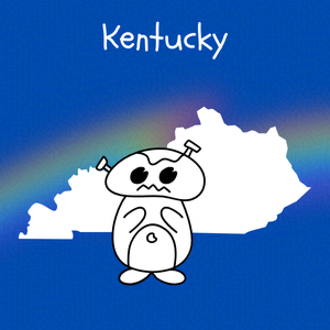 Cobalt blue background with rainbow overlay through the center third. On top of the overlay a black and white doodle of and anthropomorphic monster and an outline map of Kentucky. Caption: 