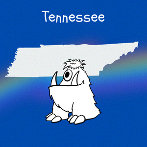 Cobalt blue background with rainbow overlay through the center third. On top of the overlay a black and white doodle of and anthropomorphic monster and an outline map of Tennessee. Caption: 