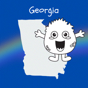 Cobalt blue background with rainbow overlay through the center third. On top of the overlay a black and white doodle of and anthropomorphic monster and an outline map of Georgia. Caption: 