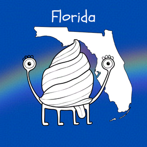 Cobalt blue background with rainbow overlay through the center third. On top of the overlay a black and white doodle of and anthropomorphic monster and an outline map of Florida. Caption: 