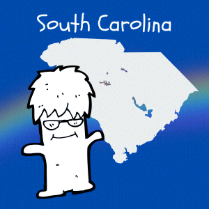 Cobalt blue background with rainbow overlay through the center third. On top of the overlay a black and white doodle of and anthropomorphic monster and an outline map of South Carolina. Caption: 