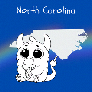 Cobalt blue background with rainbow overlay through the center third. On top of the overlay a black and white doodle of and anthropomorphic monster and an outline map of North Carolina. Caption: 