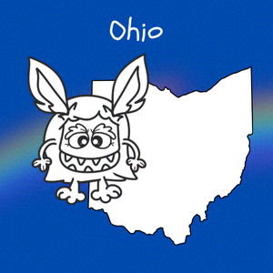 Cobalt blue background with rainbow overlay through the center third. On top of the overlay a black and white doodle of and anthropomorphic monster and an outline map of Ohio. Caption: 