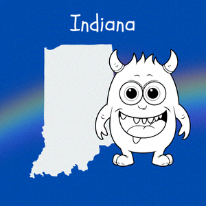 Cobalt blue background with rainbow overlay through the center third. On top of the overlay a black and white doodle of and anthropomorphic monster and an outline map of Indiana. Caption: 