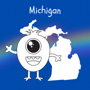 Cobalt blue background with rainbow overlay through the center third. On top of the overlay a black and white doodle of and anthropomorphic monster and an outline map of Michigan. Caption: 