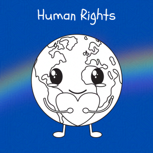 Cobalt blue background with rainbow overlay through the center third. On top of the overlay a black and white doodle of an anthropomorphic earth holding a heart Caption 