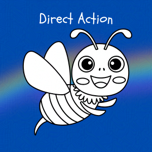 Cobalt blue background with rainbow overlay through the center third. On top of the overlay a black and white doodle of an anthropomorphic bee with the caption 