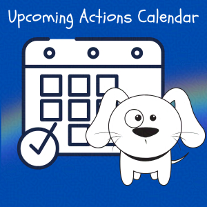 Cobalt blue background with rainbow overlay through the center third. On top of the overlay a black and white doodle of an anthropomorphic dog with a calendar. Caption: 