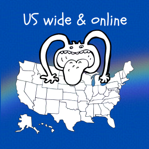 Cobalt blue background with rainbow overlay through the center third. On top of the overlay a black and white doodle of and anthropomorphic monster and an outline map of the United States. Caption: 