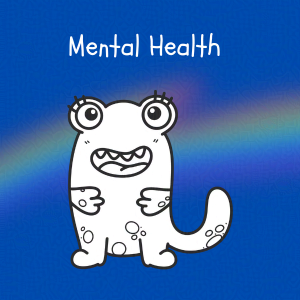 Cobalt blue background with rainbow overlay through the center third. On top of the overlay a black and white doodle of and anthropomorphic monster with caption that says 