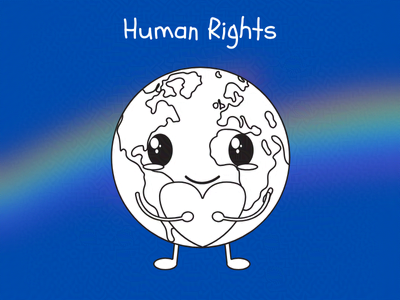 Decorative doodle featuring an anthropomorphic creature. Text: Human Rights.